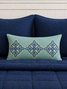 Small Teal Embroidered Rectangle Throw Pillow